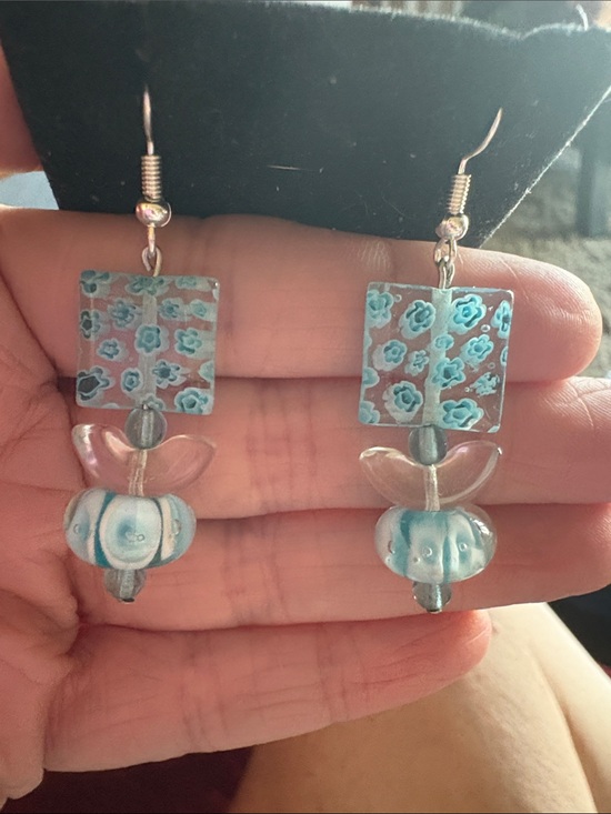Hand Crafted Jewelry - Hand Crafted Aqua Floral Glass Drop Earrings